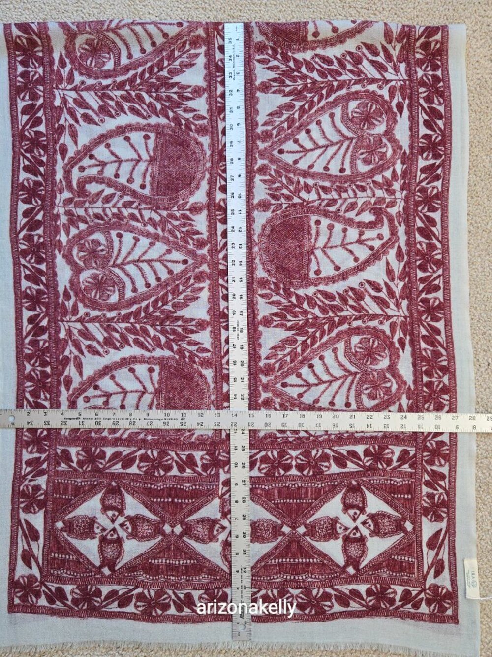 NWOT Lila Wool Lightweight Scarf With Fish Design Burgundy - Picture 10 of 15